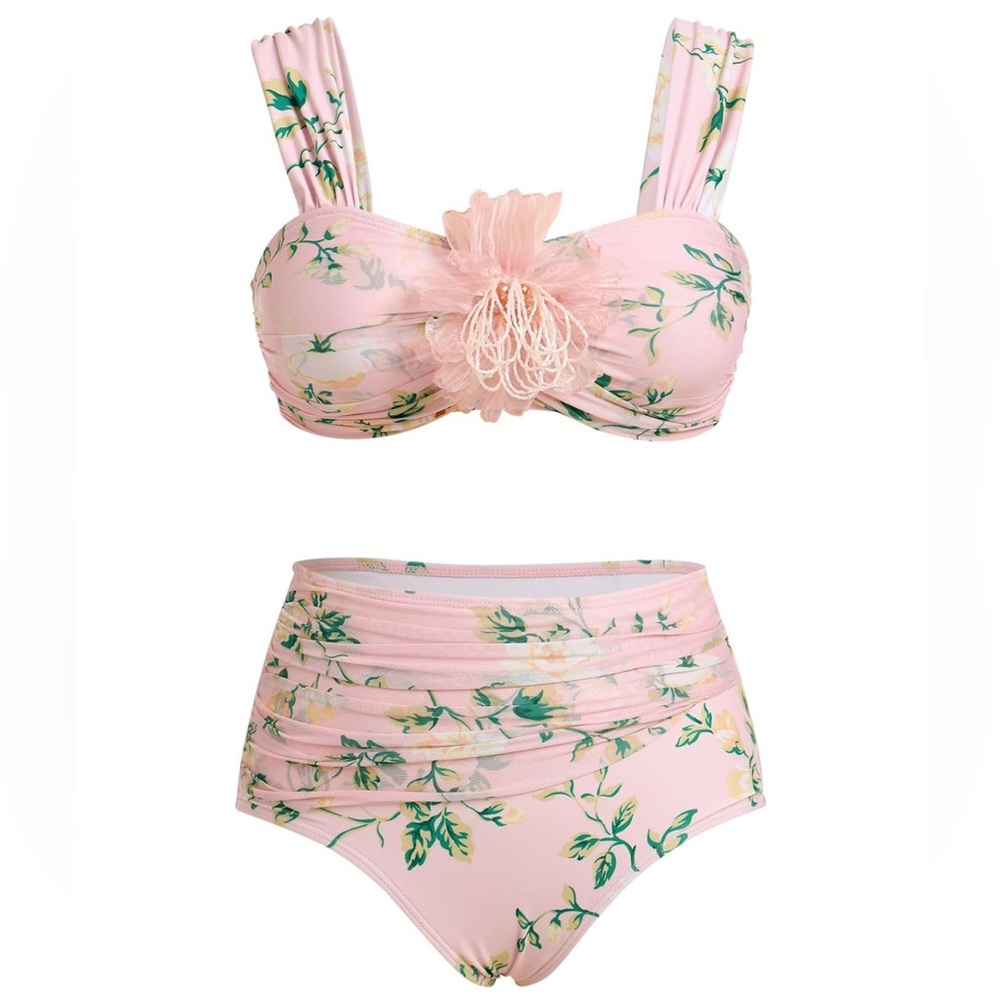 NWT Pink Floral Bead Retro High Waist Two Pice Bikini Bathing Suit Swimsuit
